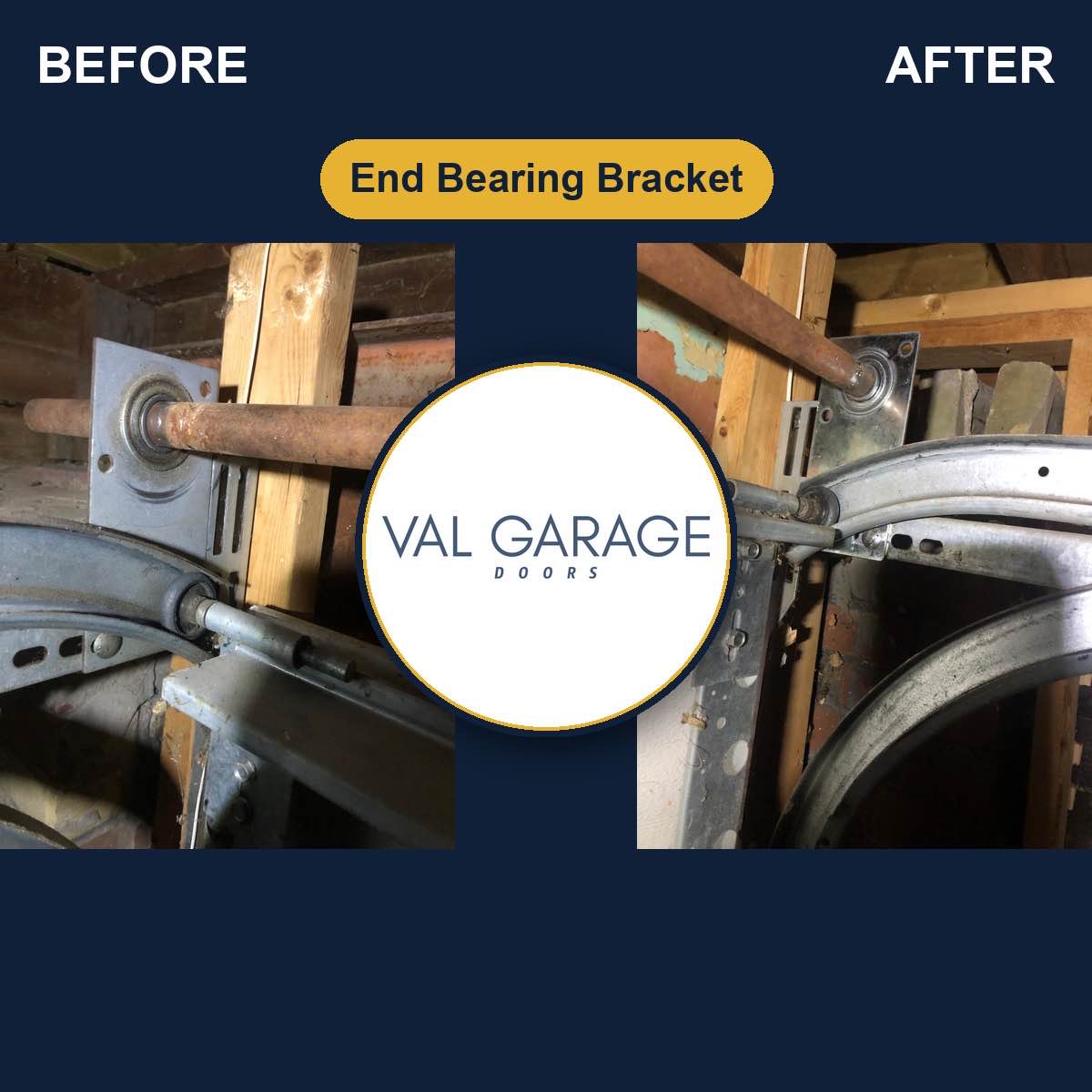 Val Garage Doors — End Bearing Bracket (before and after)